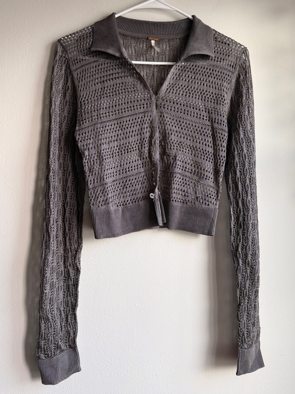 Free People Charcoal Open Knit Cropped Collared Cardigan Sweater M Grunge Whimsy